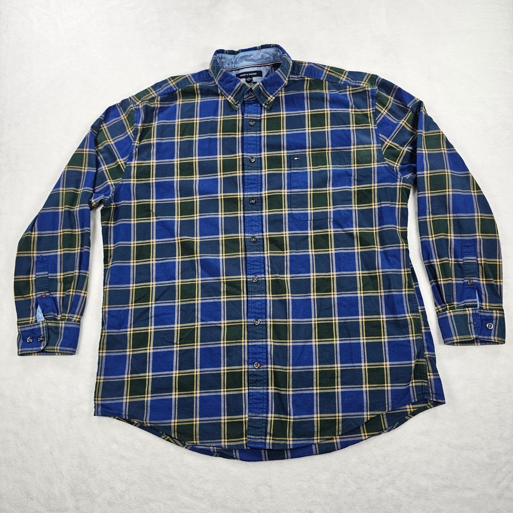 Tommy Hilfiger Mens XXL Blue Green Plaid Classic Fit Button Down Shirt 78J6526